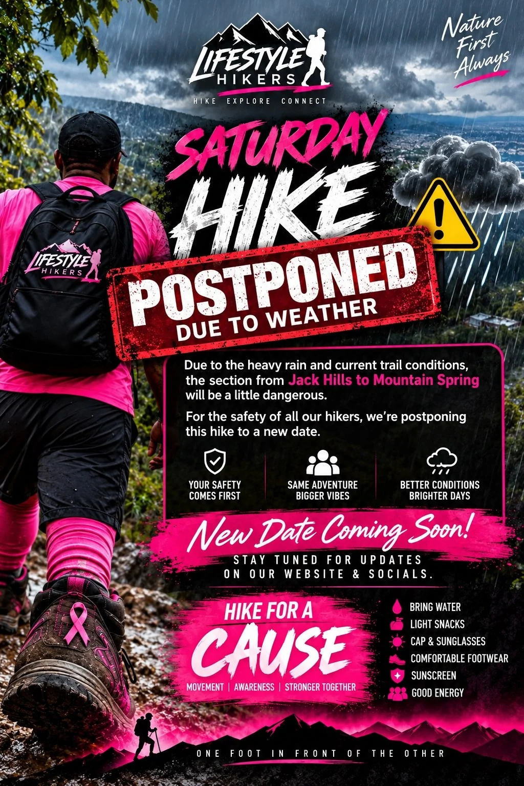 Flyer for POSTPONED: Saturday Hike — Hike for a Cause (Breast Cancer Awareness), 10 October 2026
