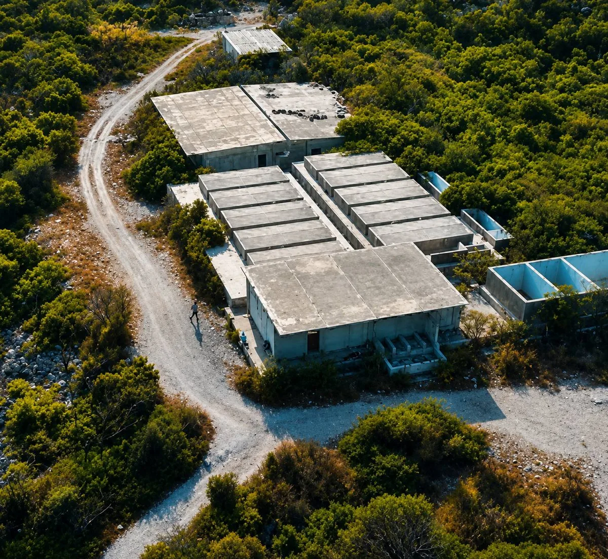 Aerial view of the abandoned shrimp factory complex along the Hellshire coast, industrial ruins surrounded by dense greenery