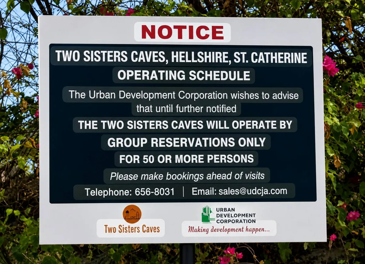 Two Sisters Caves notice sign, group reservations only, book ahead through the Urban Development Corporation